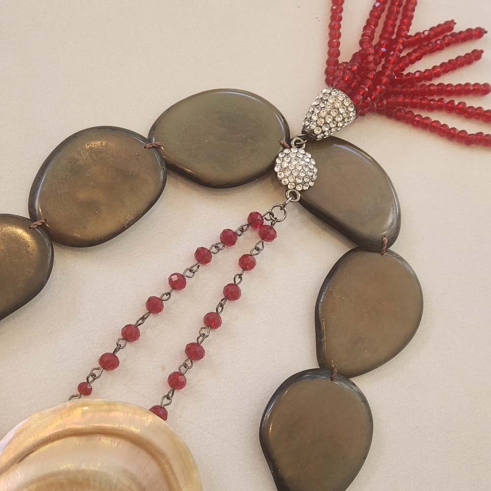 Chico's Red and Gold Necklace with Shell Pendant